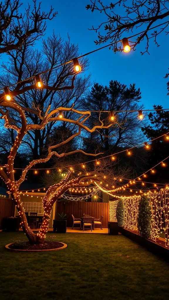 27+ Inspiring Italian Backyard Ideas for a Perfect Outdoor Retreat 9 A beautifully lit backyard with bistro lights strung across trees and around seating areas.