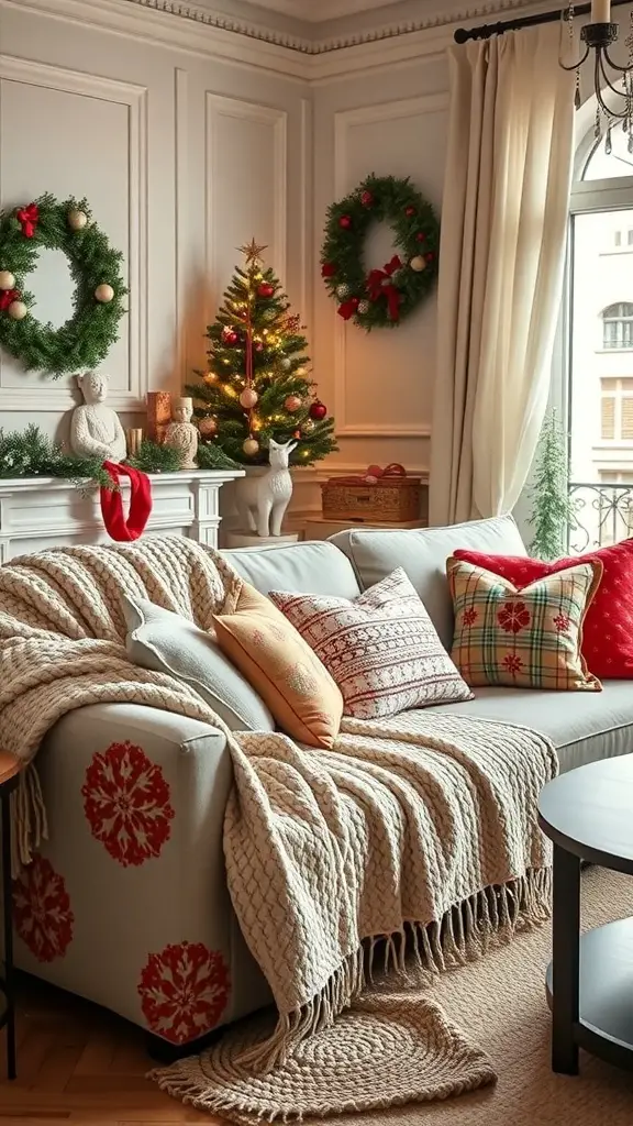 Cozy living room with a couch covered in throw blankets and pillows, decorated for Christmas with a tree and wreaths.