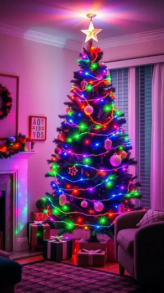 A brightly lit Christmas tree with colorful lights and presents underneath.