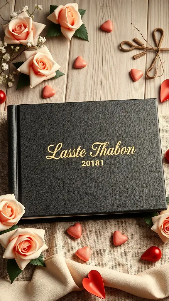 27 Thoughtful Engagement Gifts Your Friends Will Love 6 A personalized black photo album surrounded by roses and decorative hearts.
