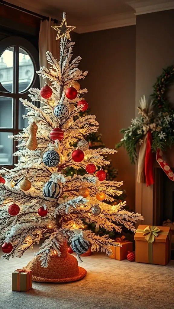 A beautifully decorated flocked Christmas tree with colorful ornaments and warm lights.