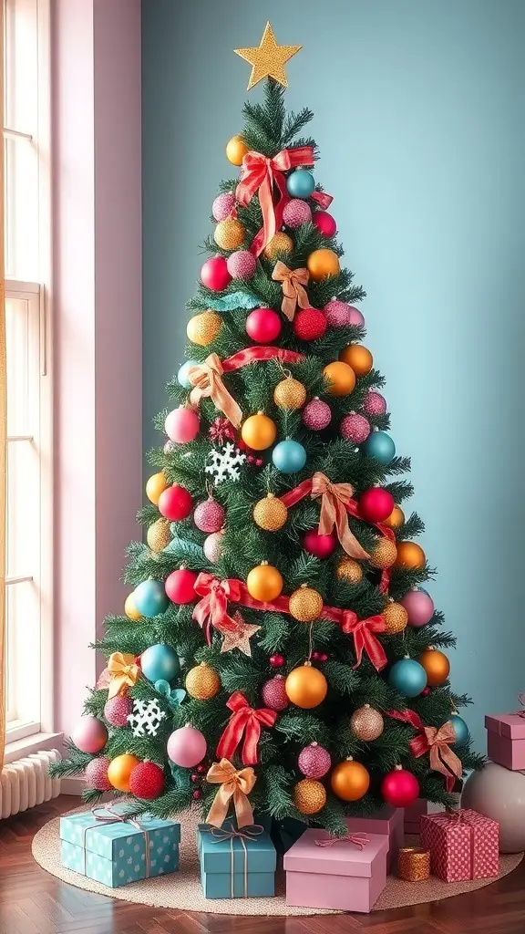 An eclectic Christmas tree decorated with colorful ornaments and ribbons, surrounded by wrapped gifts.