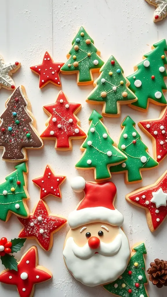 A colorful assortment of Christmas-themed cookies including trees, stars, and Santa.
