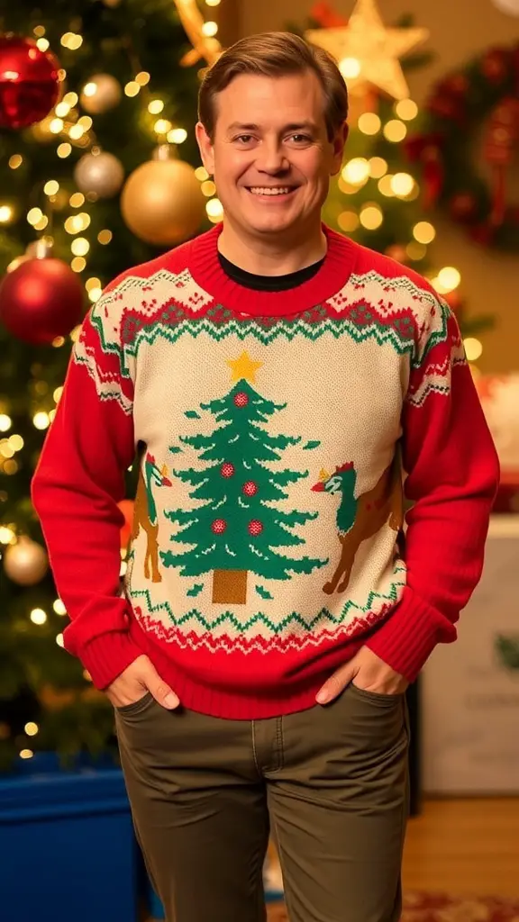 Group of friends wearing tacky holiday sweaters, smiling and celebrating in a festive setting.
