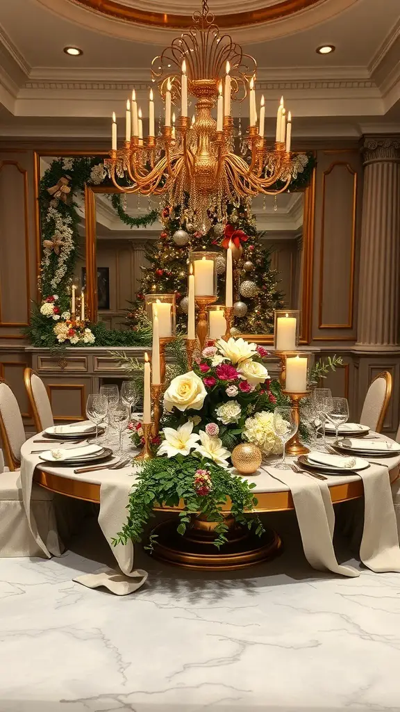 Luxurious Christmas table setting with a floral centerpiece, candles, and elegant decor.