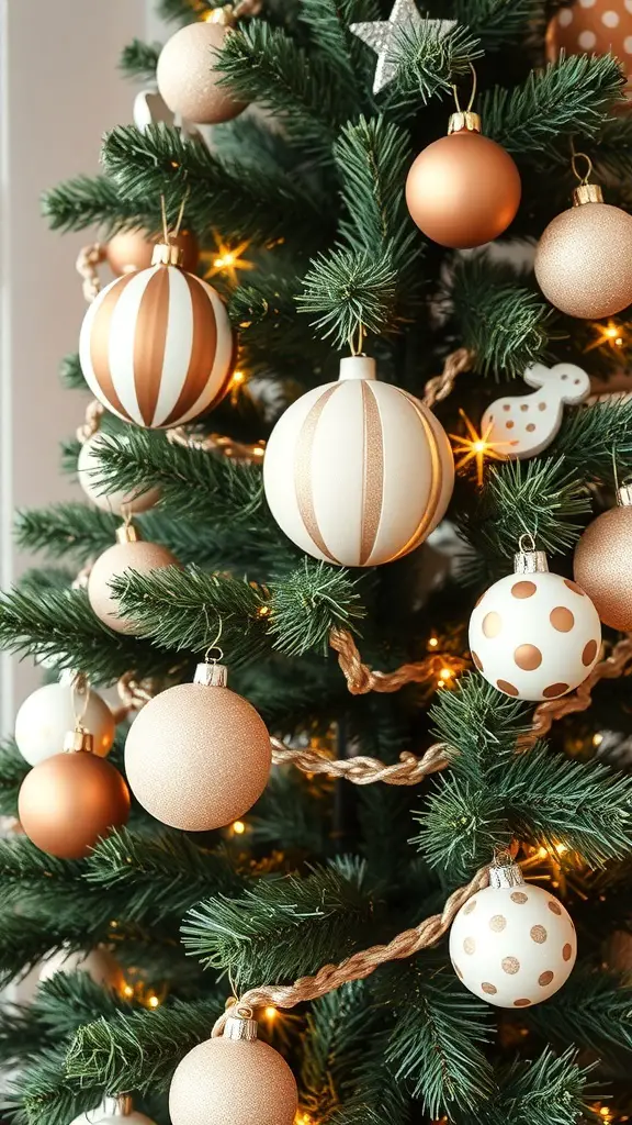 A Christmas tree decorated with brown and white striped and polka dot ornaments.