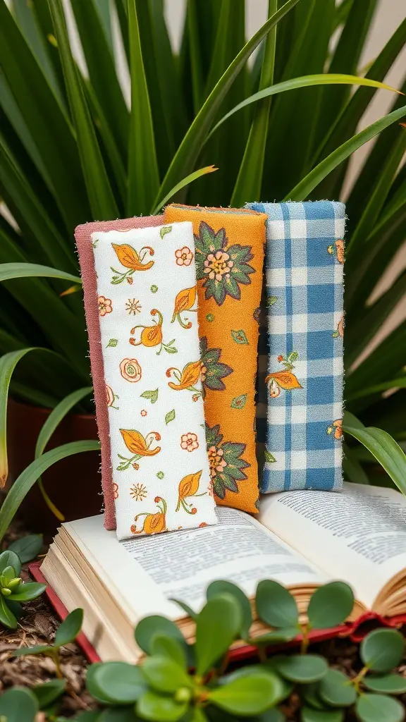 27+ Creative Fabric Bookmark Ideas to Elevate Your Reading Experience 11 Three fabric bookmarks with floral and check patterns placed on an open book surrounded by greenery.