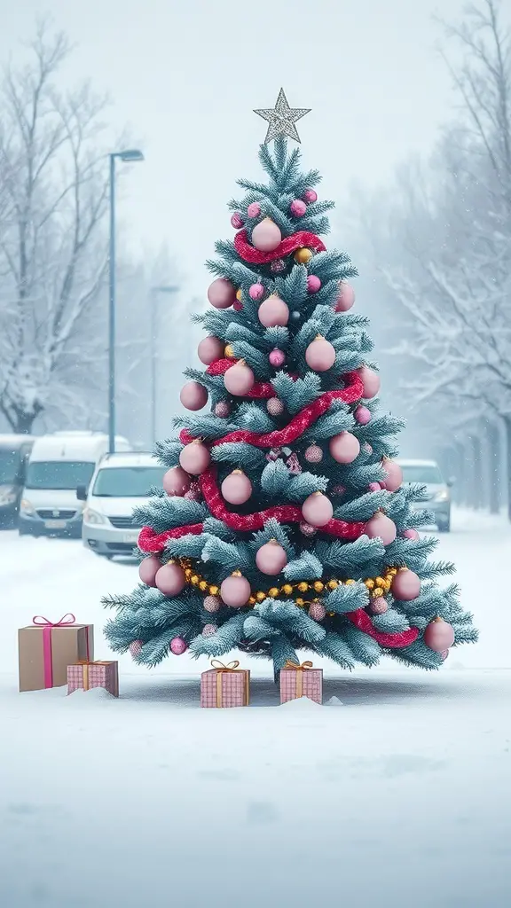 A pink and champagne Christmas tree in a snowy setting with gifts underneath.