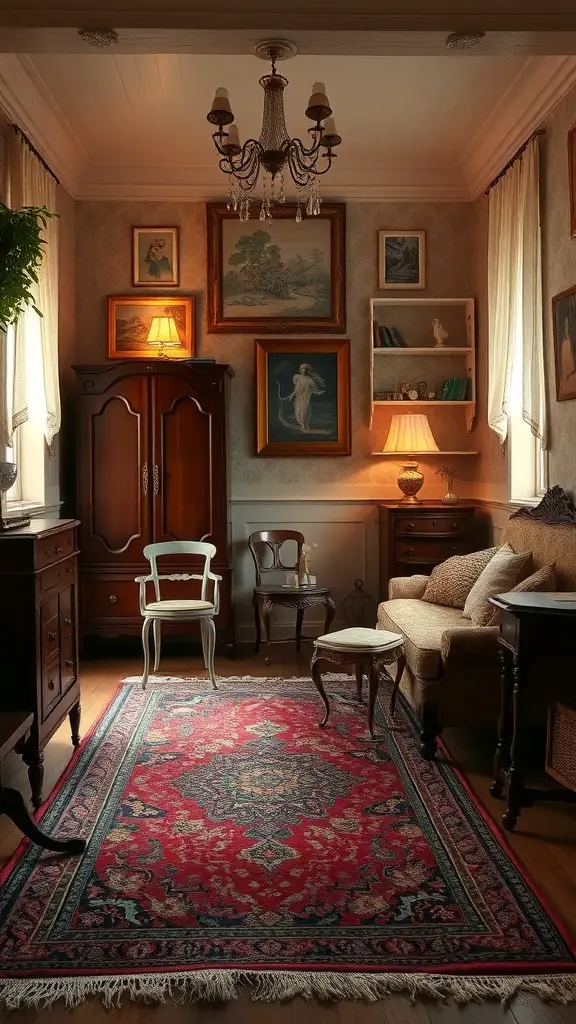 23+ Stunning Rug Design Ideas to Transform Your Space 6 Cozy room with vintage rug, antique furniture, and warm lighting.