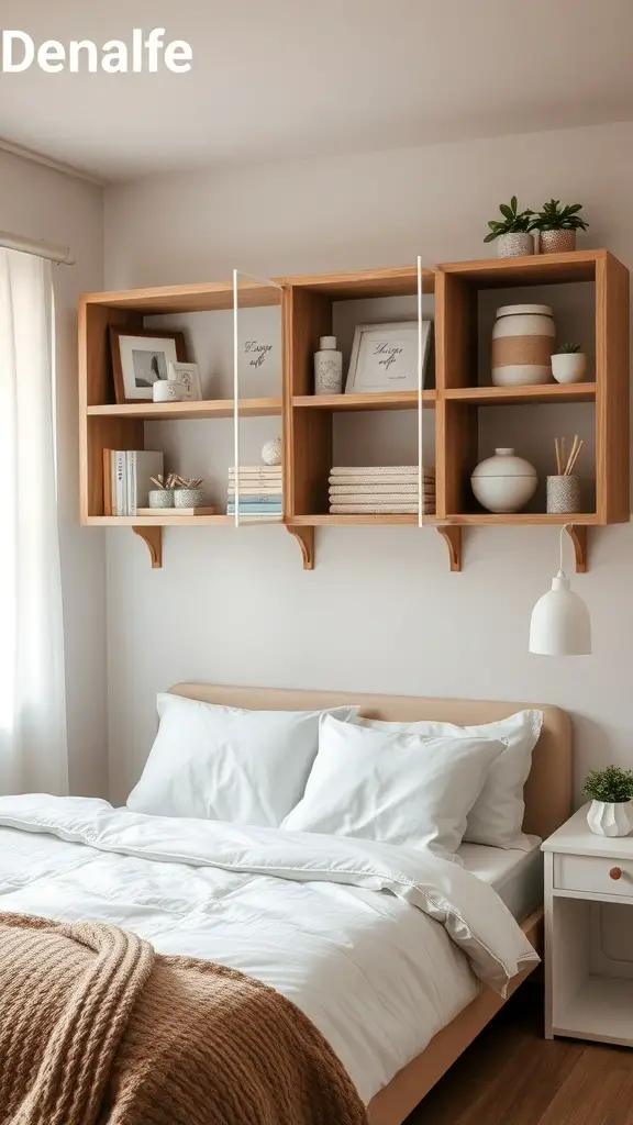 27+ Inspiring Small Bedroom Arrangement Ideas for Maximizing Space 12 Stylish open shelving above a bed in a small bedroom, featuring decorative items and storage.