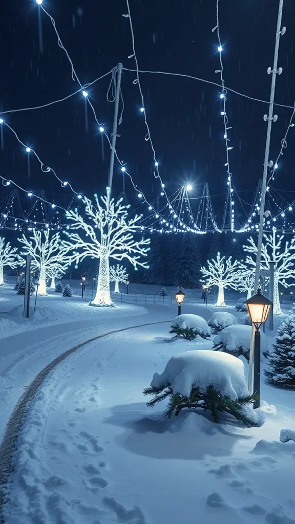 A snowy landscape illuminated by white Christmas lights on trees and pathways.