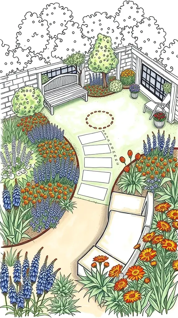 27+ Stunning Wildflower Landscaping Ideas for Your Garden 5 Illustration of a wildflower garden layout with colorful flowers, a path, and seating areas.