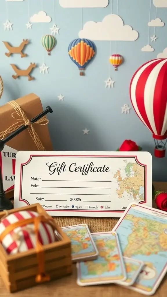 21+ Thoughtful Anniversary Gifts for Parents Celebrating 9 A gift certificate with a vintage map design, surrounded by decorative elements like hot air balloons and a gift box.