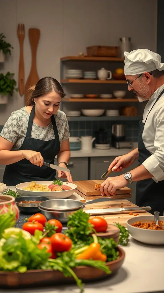 31 Thoughtful Birthday Gifts for Your Boyfriend: Unique Ideas He'll Love 3 A couple participating in a gourmet cooking class, preparing dishes together in a kitchen setting.