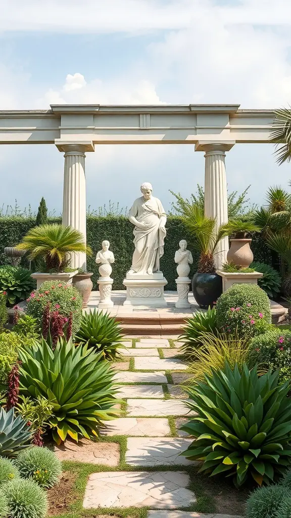 27+ Stunning Greek Garden Ideas for a Mediterranean Oasis 13 A Greek garden featuring sculptural plant arrangements with a statue and lush greenery.