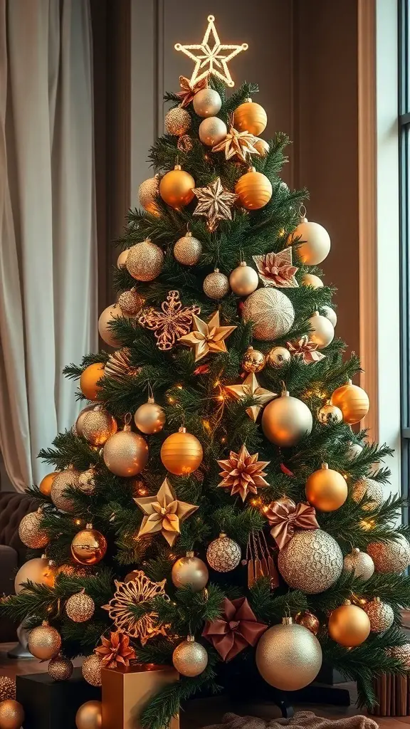 A beautifully decorated Christmas tree with champagne-colored ornaments and a star topper.