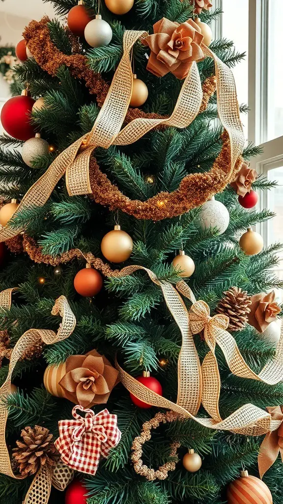 A beautifully decorated brown and white Christmas tree with ribbons, garlands, and ornaments.
