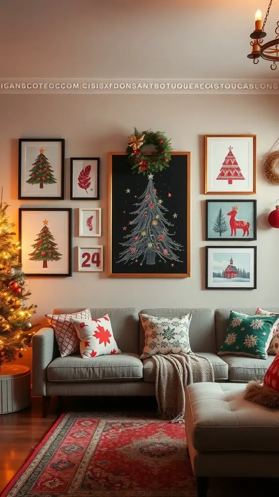 A cozy living room decorated with Christmas-themed wall art, featuring framed pictures of trees, reindeer, and festive motifs.