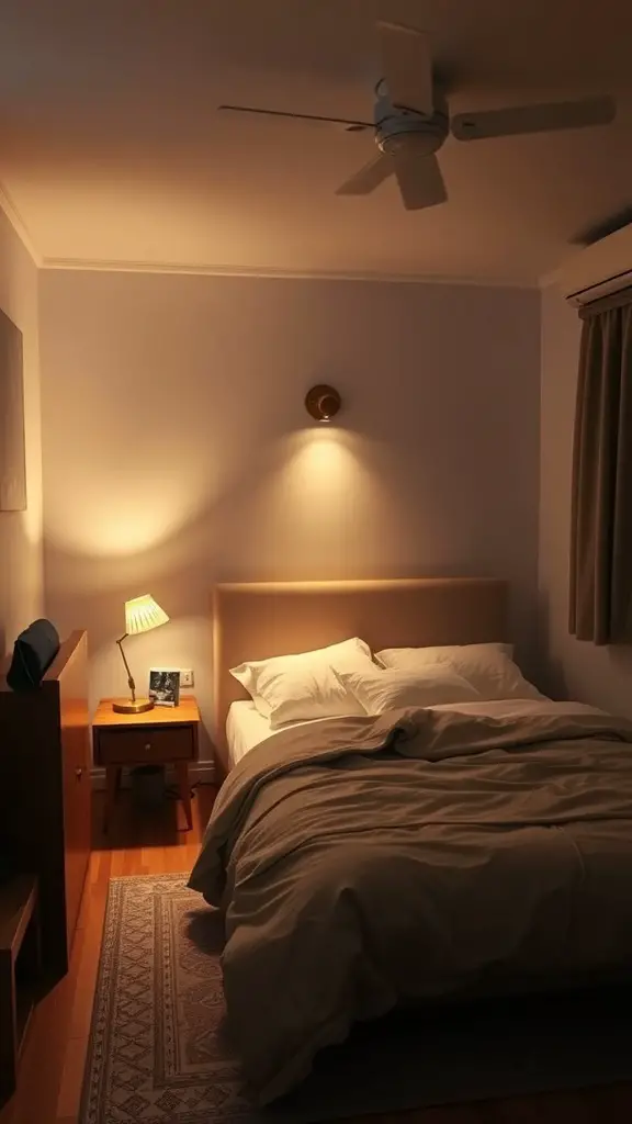 27+ Inspiring Small Bedroom Arrangement Ideas for Maximizing Space 7 A small bedroom with layered lighting, featuring a bedside lamp and wall sconces.