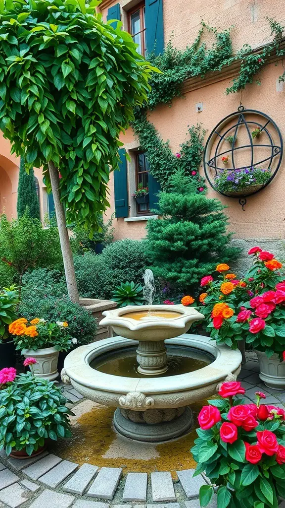 29+ Inspiring Tuscan Garden Ideas for Your Outdoor Oasis 6 A beautiful garden featuring a fountain surrounded by colorful flowers and greenery.