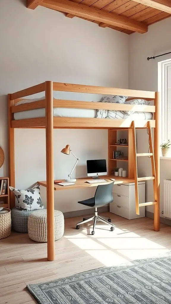25+ Stylish Bedframe Ideas for Small Rooms 8 A lofted bed frame with a workspace underneath, featuring a wooden structure and a cozy design.