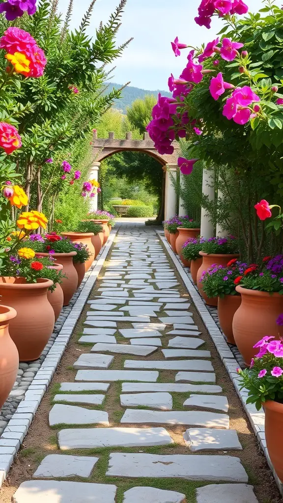 27+ Stunning Greek Garden Ideas for a Mediterranean Oasis 5 A charming stone pathway lined with colorful flower pots in a Mediterranean garden.