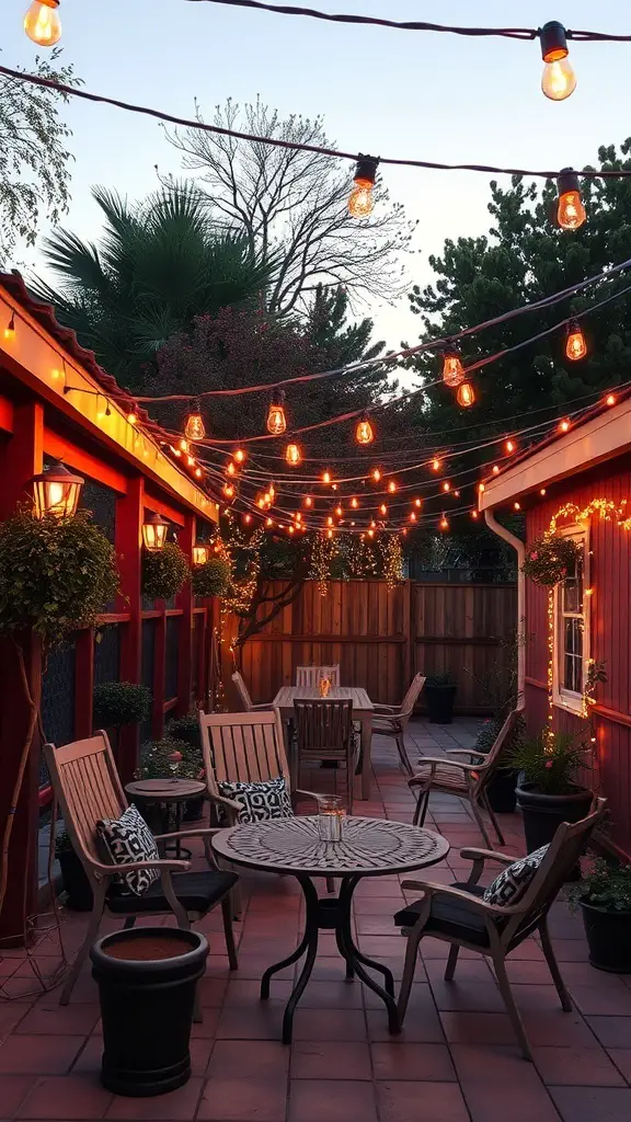 23+ Stunning Mediterranean Patio Ideas for Your Outdoor Oasis 12 A cozy Mediterranean patio with string lights illuminating the space.