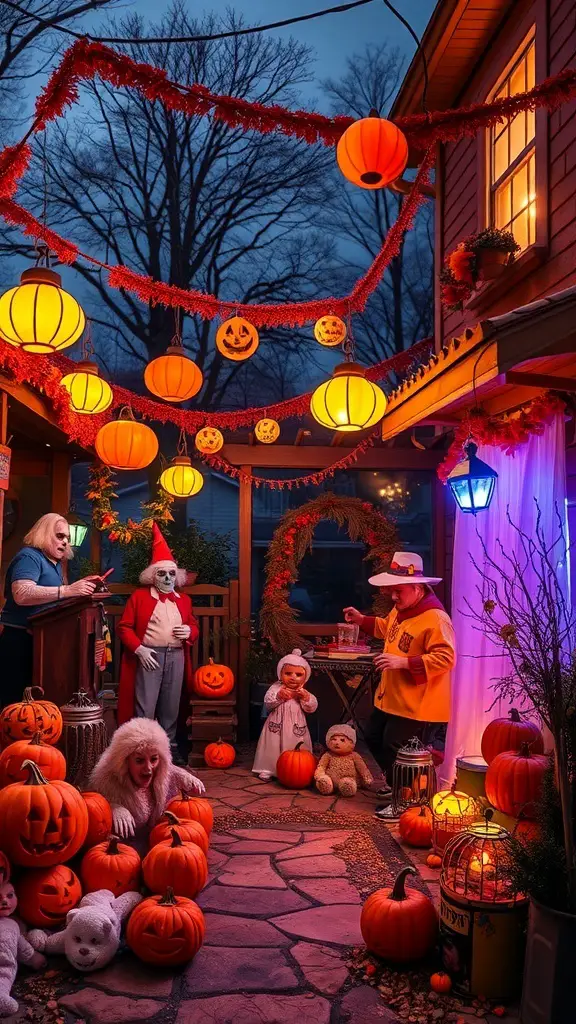 A festive Halloween scene with pumpkins, lanterns, and people in 70s costumes.