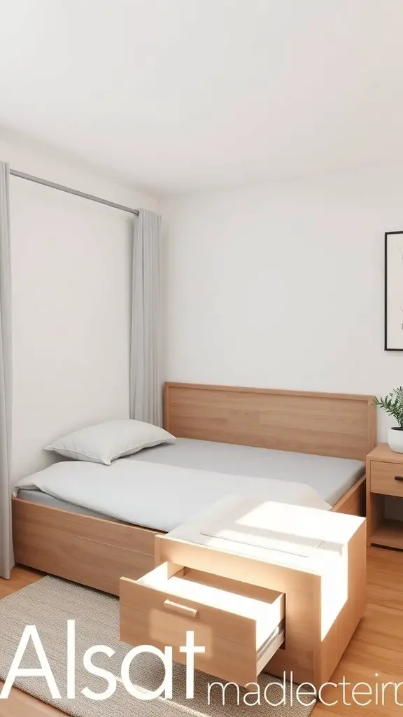 25+ Stylish Bedframe Ideas for Small Rooms 5 A stylish wooden storage bed frame with drawers in a small bedroom setting.