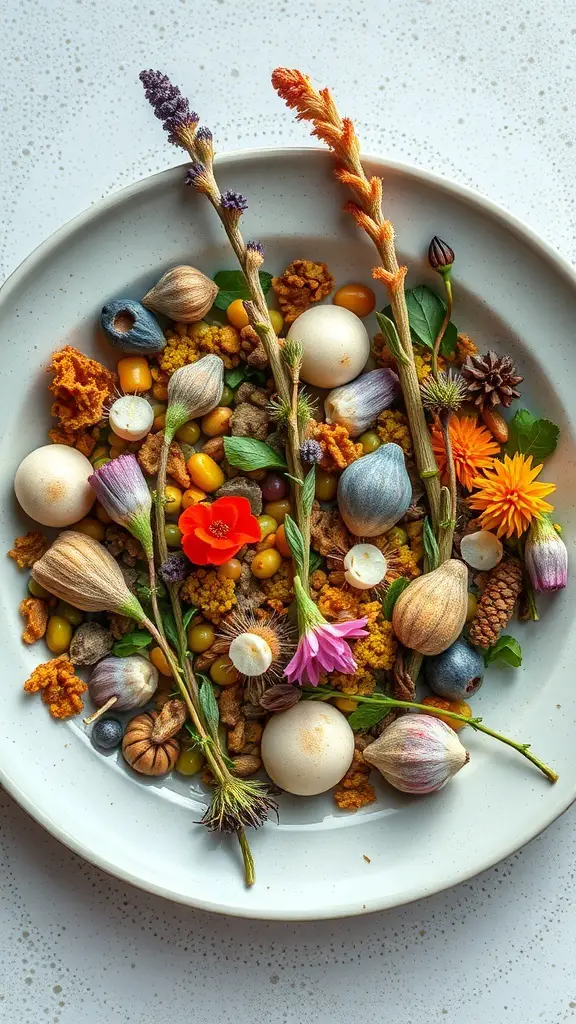 33+ Fascinating Wild Plants You Can Discover Today 16 A colorful arrangement of wild plants including edible flowers, seeds, and nuts on a plate.
