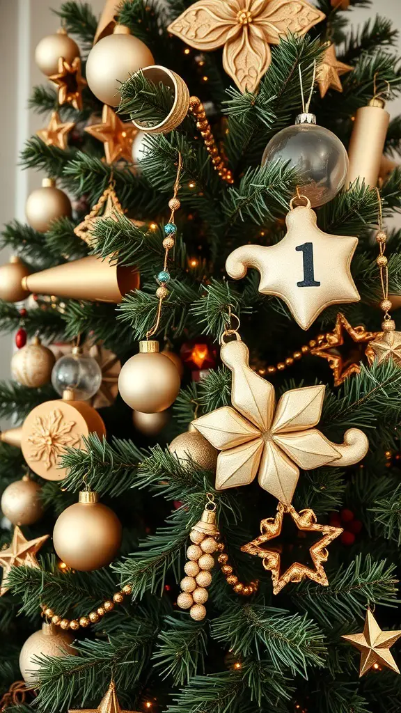 A Christmas tree decorated with vintage cream and gold ornaments, featuring stars, baubles, and garlands.