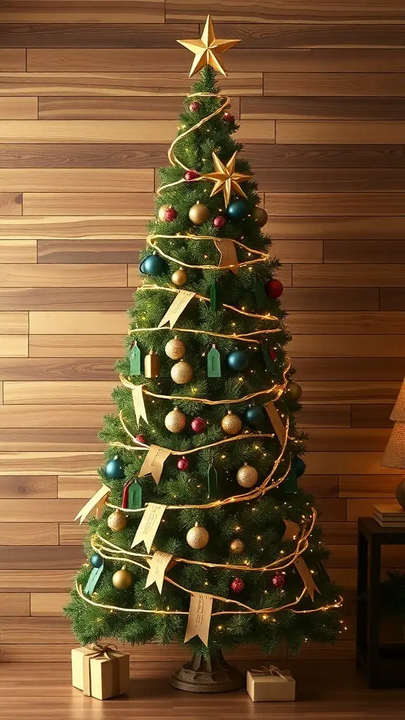 A beautifully decorated Christmas tree with ornaments and lights.