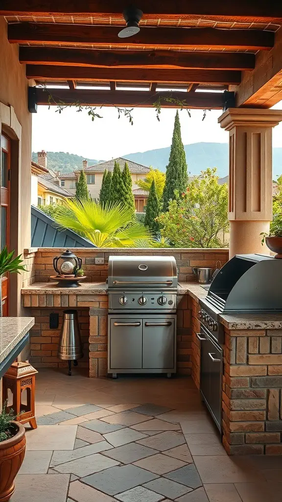 25+ Stunning Mediterranean Terrace Ideas for Your Home 14 A stylish outdoor kitchen with modern appliances, stone countertops, and a view of greenery and mountains.