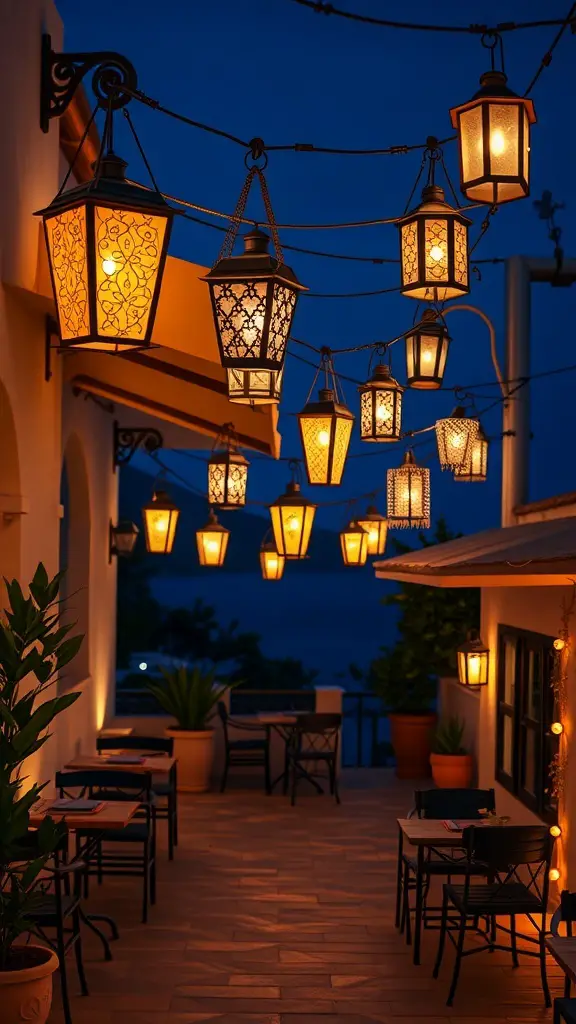 25+ Stunning Mediterranean Terrace Ideas for Your Home 12 A terrace illuminated by whimsical lanterns against a night sky.