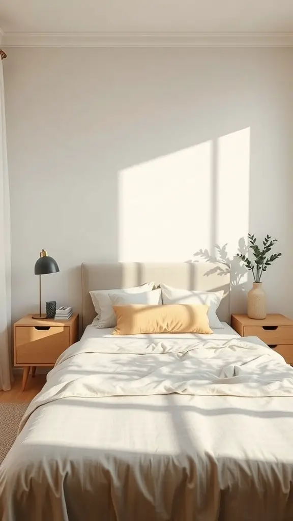 27+ Creative Tiny Bedroom Ideas for Maximum Style and Functionality 7 A cozy tiny bedroom featuring a bed with floating nightstands on either side, a lamp, and a plant.