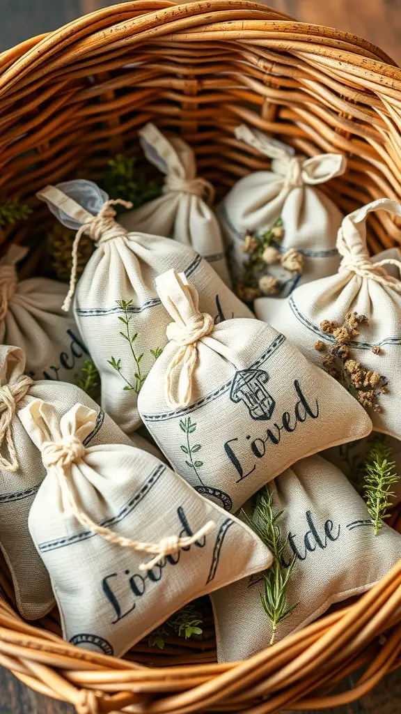 A basket filled with fabric sachets tied with string, featuring messages and dried herbs.