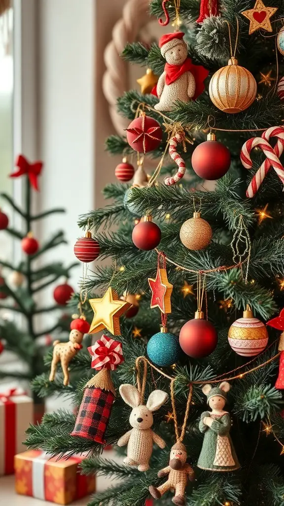 A beautifully decorated retro Christmas tree with unique handmade ornaments.
