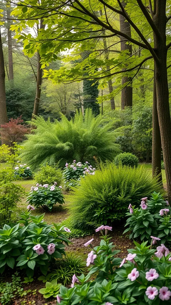 A layered woodland garden featuring tall ferns, shrubs, and colorful flowers.