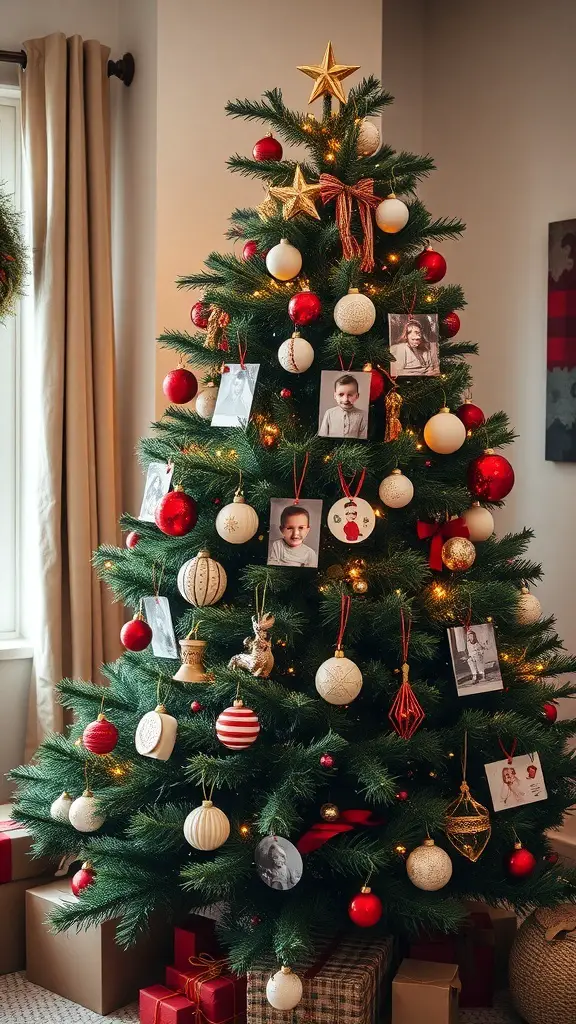 A hunter green Christmas tree decorated with red and gold ornaments and family photos.