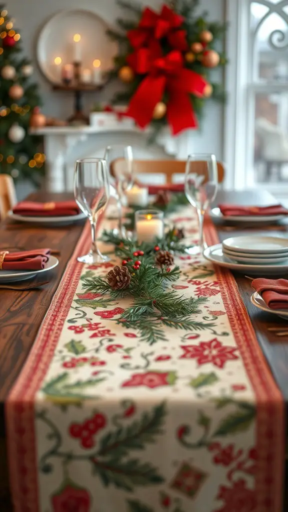A beautifully set dining table with a festive table runner, pine branches, and candles.