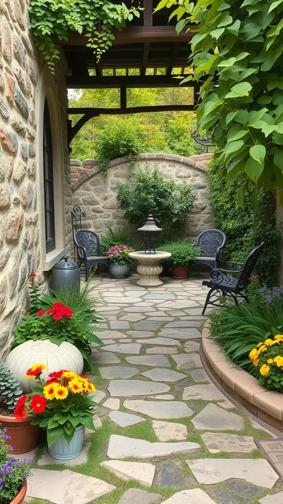 27+ Inspiring Italian Backyard Ideas for a Perfect Outdoor Retreat 7 A rustic stone patio with colorful flowers and seating area