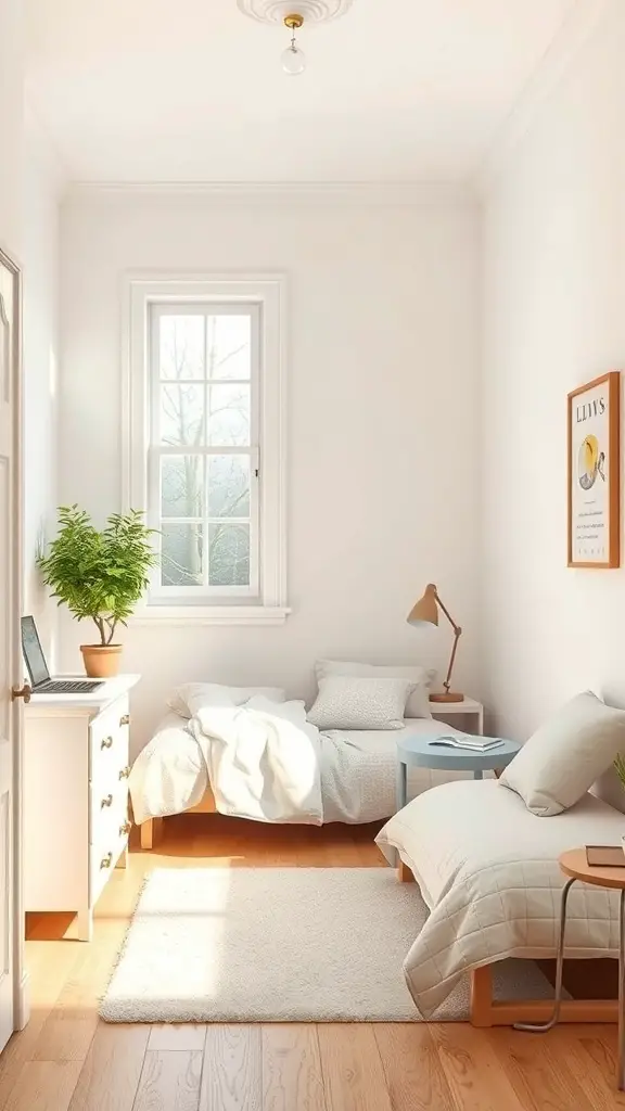 27+ Inspiring Small Bedroom Arrangement Ideas for Maximizing Space 6 A small, bright bedroom featuring a light color palette with a potted plant, a bed, and a cozy chair.
