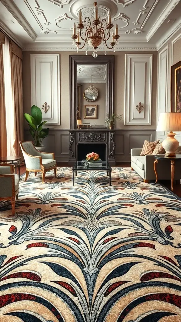 25+ Stunning Geometric Rug Designs for Your Home 4 A luxurious living room featuring an Art Deco inspired geometric rug with intricate patterns.