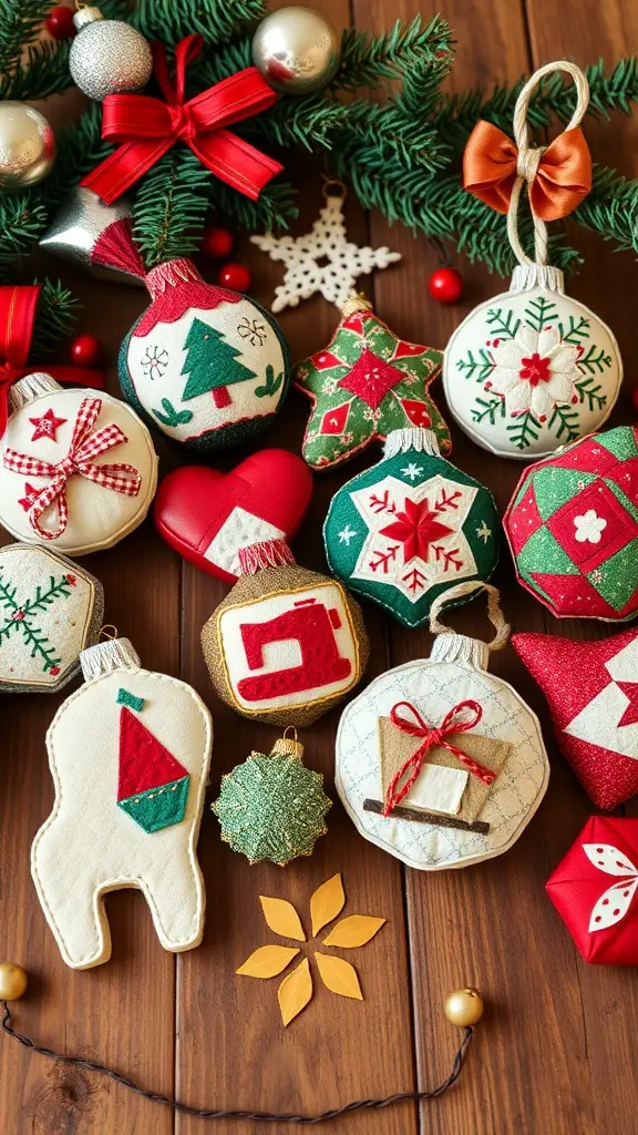 33+ Must-Try Christmas Sewing Patterns for Festive Fun 8 A collection of cozy quilted Christmas ornaments in various shapes and designs, surrounded by festive decorations.