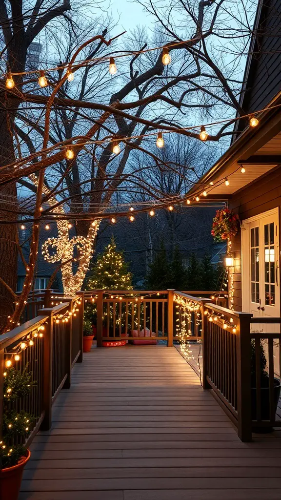 A cozy outdoor deck decorated with string lights and a Christmas tree.