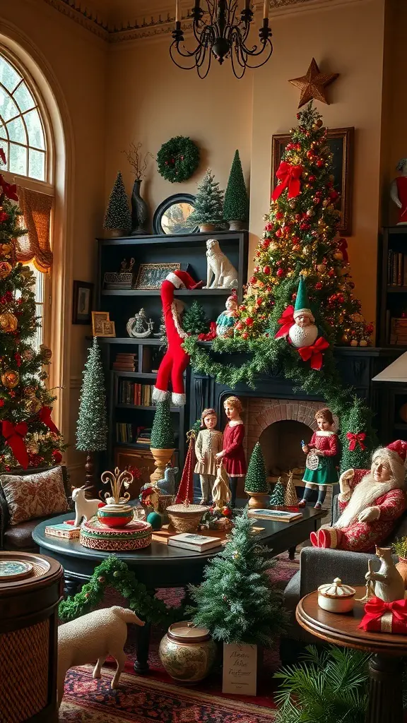 Cozy living room decorated with vintage Christmas decorations, featuring two Christmas trees, festive figurines, and warm lighting.