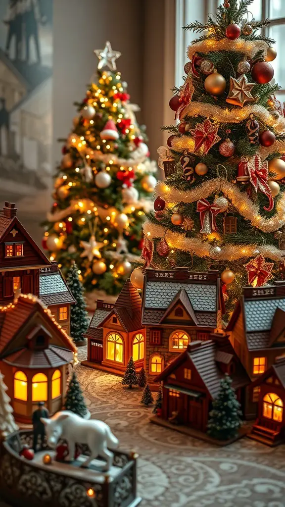 A charming brown and gold Christmas village with glowing houses and a decorated tree in the background.