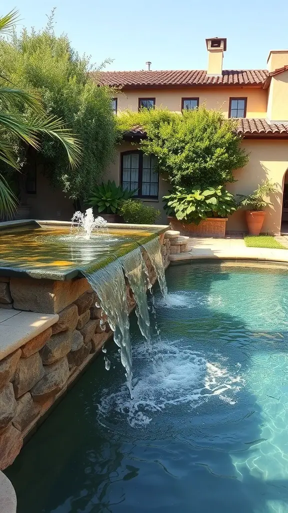 23+ Stunning Tuscan Pool Designs for Your Dream Backyard 13 A beautiful poolside with a waterfall feature surrounded by lush greenery.
