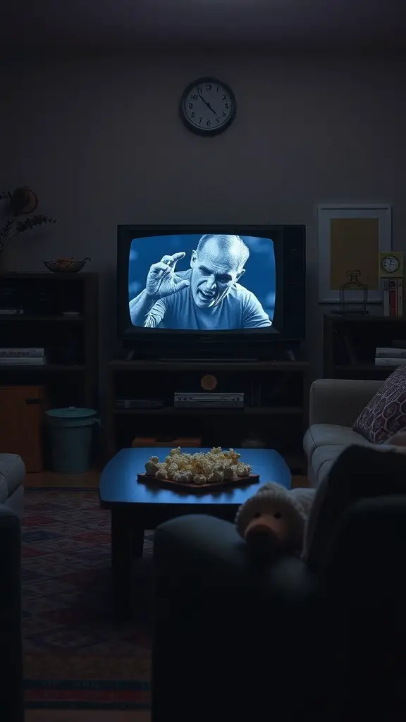 A cozy living room with a vintage TV showing a horror movie scene, popcorn on the table, and a clock on the wall.
