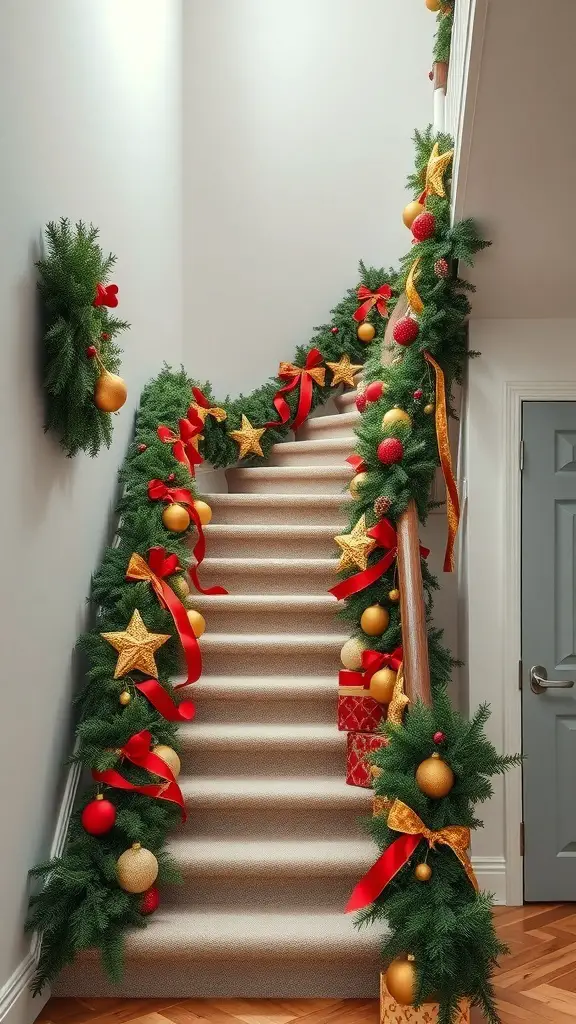 A staircase decorated with layered Christmas garlands featuring greenery, red ribbons, gold ornaments, and stars.